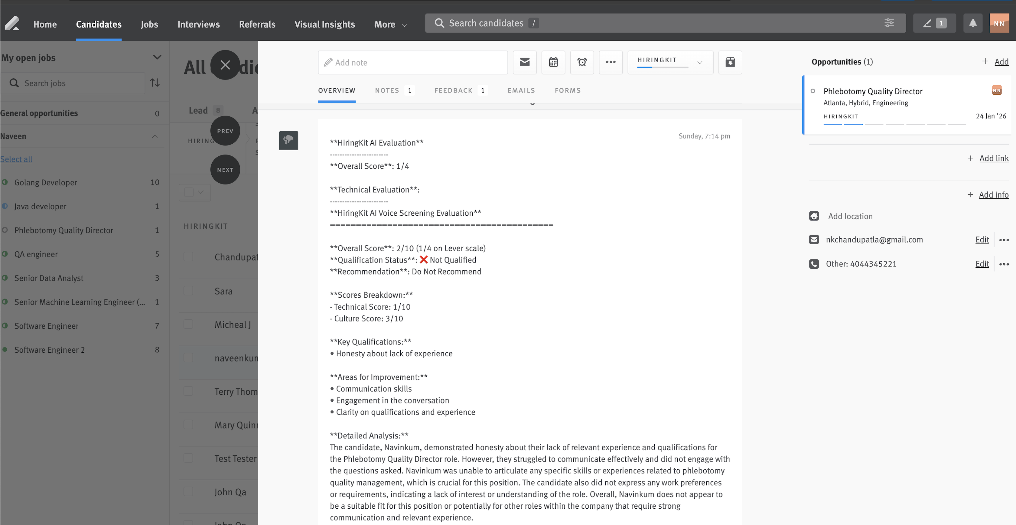HiringKit AI Evaluation in Lever - Detailed candidate assessment with scores and recommendations